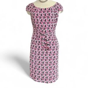 David Meister Geometric Print Tie Front Sheath Dress in Pink & Black Sz 8 Petite
